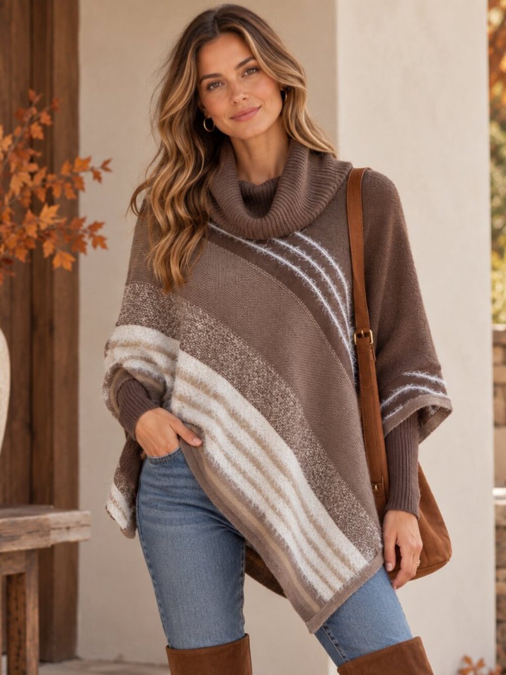 New Directions Sweater Womens 1X Brown Poncho Asymmetrical Cowl Neck Striped